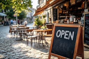 A cozy outdoor café on a charming cobblestone street with a chalkboard sign displaying “Open” in bold letters. T