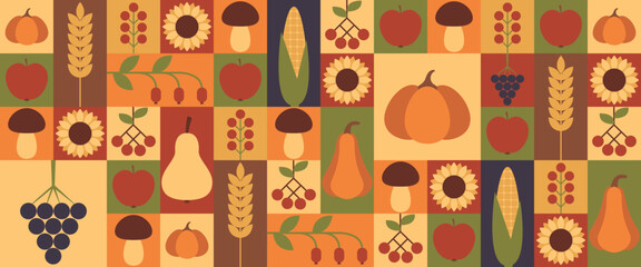 Harvest festival geometric minimalist modern background. Autumnal festive trendy mosaic seamless pattern. Vector illustration