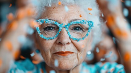 An enthusiastic elderly woman wearing blue glasses celebrates with vibrant flying confetti around her, exuding joy and festive energy in a moment of sheer celebration.