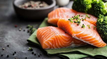 Close-up of fresh salmon fillets garnished with herbs on a green cloth, surrounded by ingredients like broccoli and pepper, showcasing a healthy and vibrant culinary setting.