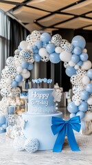 Elegant blue and white birthday cake with balloons arch, festive decoration, happy occasion, joyful celebration, birthday concept