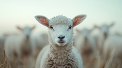 Fototapeta premium A single lamb faces the camera with curiosity while surrounded by its herd, standing out in its innocence and individuality against a soft focus field.