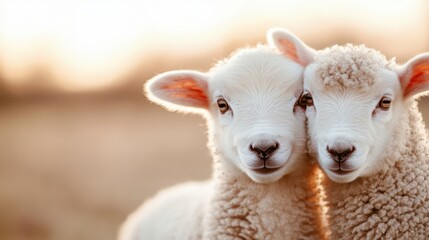 Fototapeta premium Two adorable lambs cuddle close under the warm sunset in a meadow, exuding innocence and serenity. Their fluffy white wool captures a tranquil and tender moment.