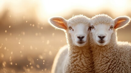 Fototapeta premium Two fluffy lambs huddle affectionately under the golden sunset, their woolly bodies creating a heartwarming scene of pastoral beauty and gentle innocence.