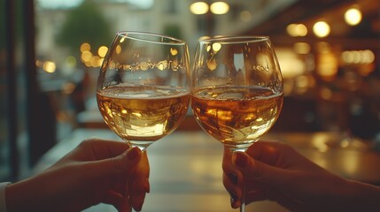 Toasting with white wine glasses in a cozy restaurant during an evening gathering with friends