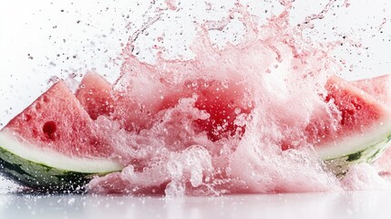 Fototapeta premium Juicy watermelon slices captured in vibrant motion, creating an energetic splash that evokes freshness and vitality, perfect for summer-themed designs.