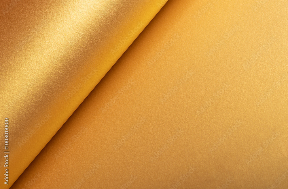 Poster golden paper with a smooth, polished texture featuring glowing gradients and curved folds. the shiny
