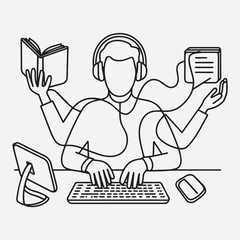 Multitasking office worker illustration cartoon, illustration, vector, business, computer, people. 