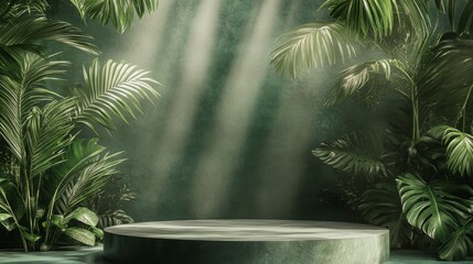 Obraz premium A serene green space featuring lush tropical plants and a minimalistic circular pedestal