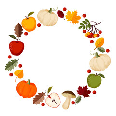 Autumn wreath, frame with apples, pumpkin, fall leaves and mountain ash. Isolated vector illustration on white background