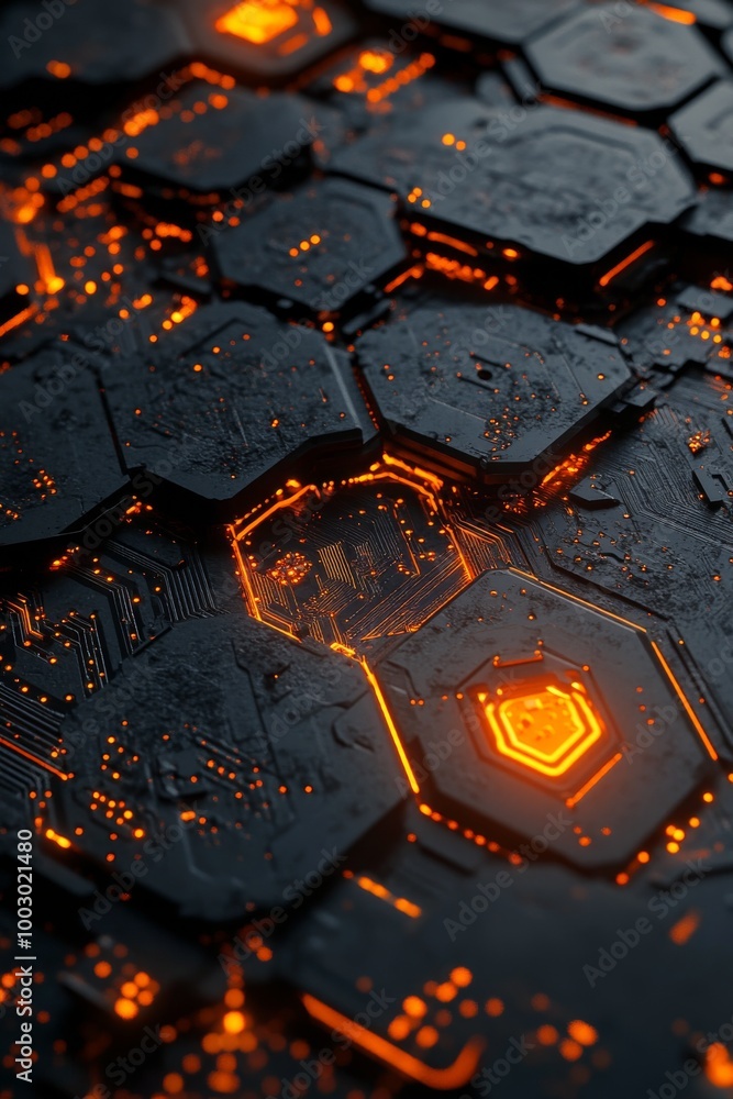 Poster hexagonal patterns with glowing orange accents create a futuristic texture in a dark setting