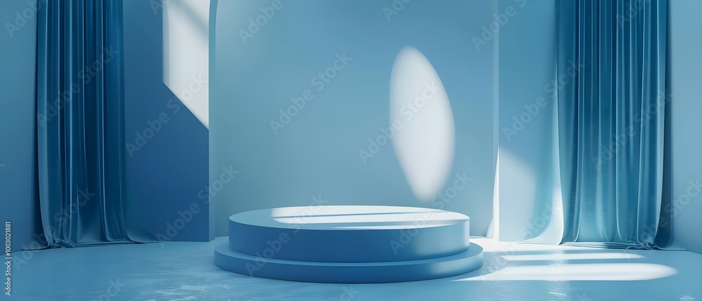 Poster minimalist blue studio with circular platform and curtains