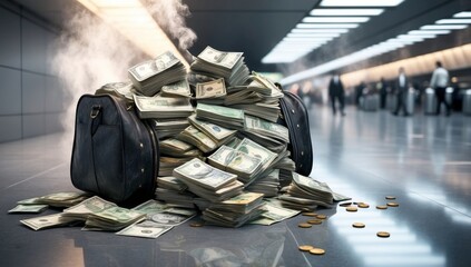 Airport Scene with Money-Filled Duffle Bag for Economic Articles