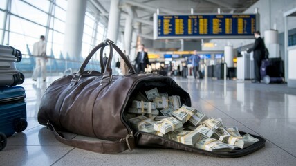 Airport Scene with Money-Filled Duffle Bag for Economic Articles