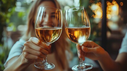 Celebrating with friends at sunset while toasting with glasses of white wine in a cozy outdoor setting