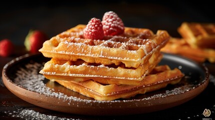 Indulge in these deliciously crispy golden waffles served with fresh, vibrant raspberries