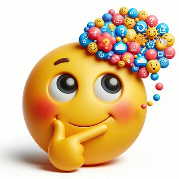 recommend clip art: thinking emoji with thoughts, yellow emoji isolated on white, 