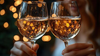 Obraz premium Two glasses of sparkling wine raised in celebration during a festive evening with warm lighting and a joyful atmosphere