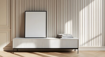A mockup of an empty white poster frame leaning against a sideboard in a modern Scandinavian living room, with a hardwood floor and light wood paneling walls featuring vertical lines.