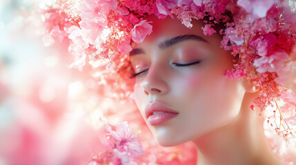 Fototapeta premium Calm woman with floral headdress in soft pink tones, beauty and nature concept, copy space, blurred background