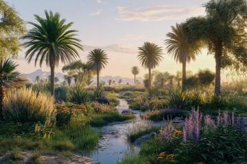Fototapeta premium Serene desert oasis, with palm trees and lush vegetation surrounding a crystal-clear pool of water