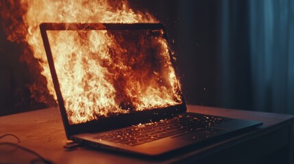Laptop caught on fire while charging in a dark room causing smoke and flames