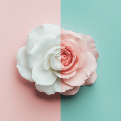 Fototapeta premium Split-color rose on pastel background