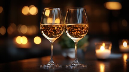 Two elegant wine glasses filled with white wine sitting on a table adorned with soft candlelight in a cozy restaurant at dusk