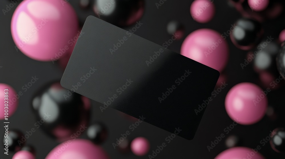 Poster dynamic display of black and colorful spheres surrounding a card on a pink background