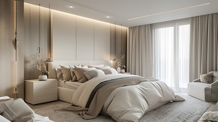 Serene modern bedroom with soft neutral tones, layered textiles, and soft recessed lighting