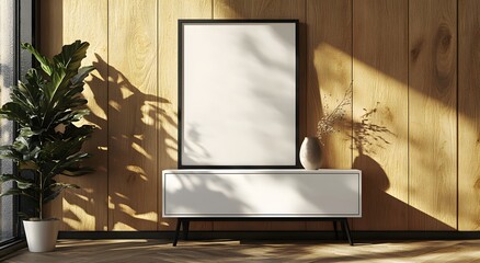 A mockup of an empty white poster frame leaning against a sideboard in a modern Scandinavian living room, with a hardwood floor and light wood paneling walls featuring vertical lines.