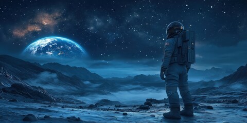 Fototapeta premium Astronaut standing on an alien planet with Earth in the background