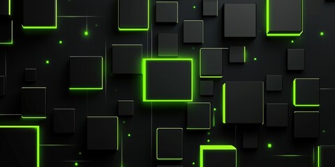 Abstract grid of green neon glowing squares on a dark black background, creating a sleek tech-inspired design with subtle digital textures