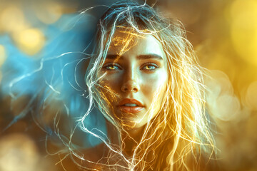 Surreal portrait of a woman with glowing ethereal energy lines flowing through her hair and face. Intense gaze and illuminated features power and energy.