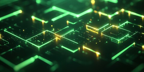 Fototapeta premium Abstract futuristic digital background with glowing neon green squares