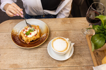 Delicious restaurant dessert, cheesecake. Close up