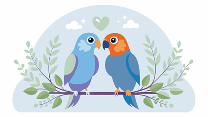 A beautiful illustration of two love birds, one blue and one orange, sitting together with a heart symbol and nature elements, symbolizing love and companionship.