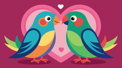 A bright and playful illustration of two colorful love birds with heart symbols above them, representing love and companionship.