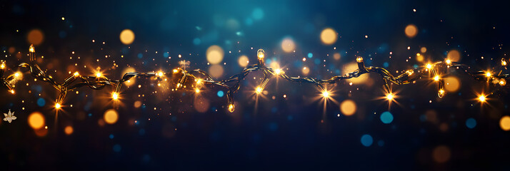 Obraz premium Christmas warm gold garland lights over dark background with glitter overlay