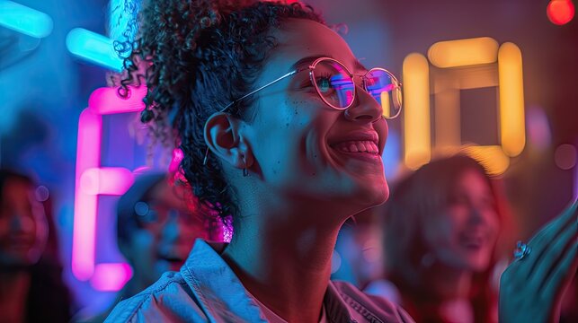 A young woman smiles brightly at a party, surrounded by colorful neon lights and friends.