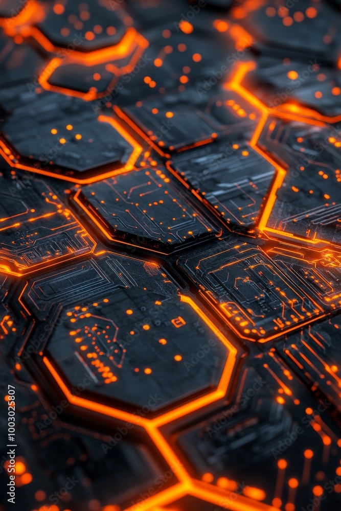 Poster hexagonal patterns with glowing orange accents create a futuristic texture in a dark setting