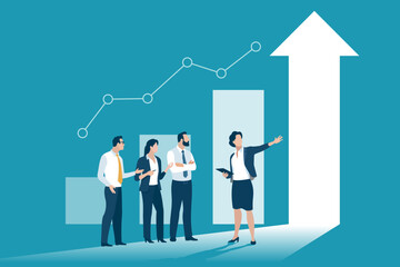 Presentation, vision, strategy. The female leader explains profitable investment opportunity, business plan. Vector illustration