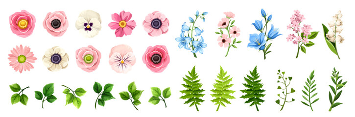 Pink, blue, and white flowers and green leaves and grasses isolated on a white background. Set of vector floral design elements