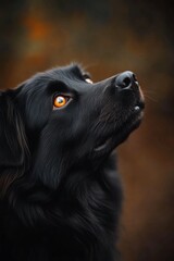 A close-up of a black dog gazing upwards with striking golden eyes against a dark backdrop