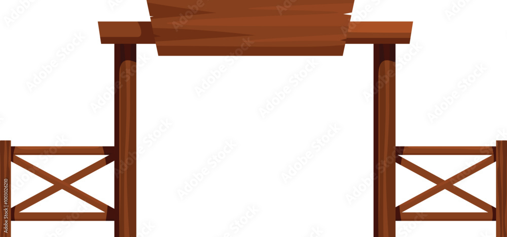 Poster wooden farm gate entrance with hanging sign displaying empty space for text or logo isolated on whit