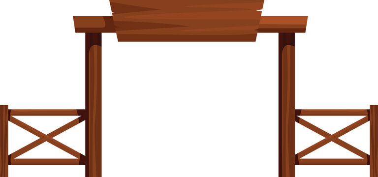 Wooden farm gate entrance with hanging sign displaying empty space for text or logo isolated on white background