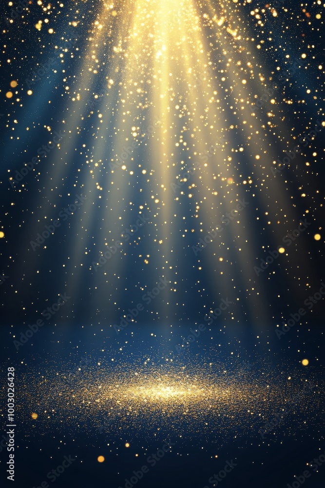 Poster golden rays of light shining down on a dark background filled with shimmering particles