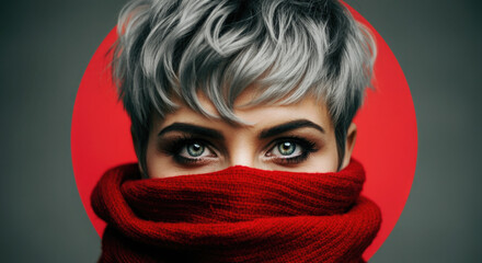 Closeup portrait of a woman with red scarf covering mouth looking at camera against a red circle and gray backdrop.