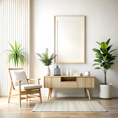 Fototapeta premium Home mockup, white room with natural wooden furniture, 3d render, white Mock up frame