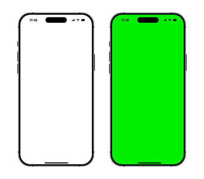 iPhone 16 Pro Max Green and white screen mobile phone mockup set. Modern smartphone devices for advertisement and user interface design